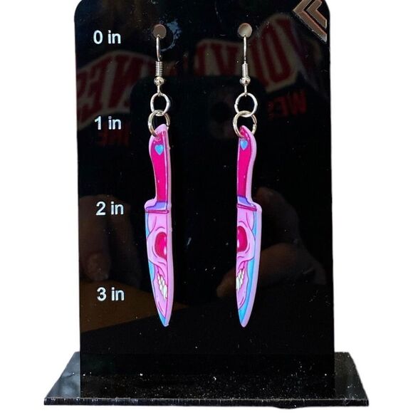 Pink Skull Print Butcher Dangling Earrings - Picture 3 of 10
